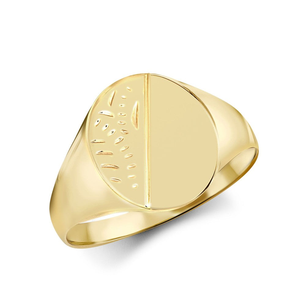 9ct yellow gold oval signet ring with diamond-cut detailing, hand-finished and polished – Fogal & Barnes Fine Jewellers of Harrogate.