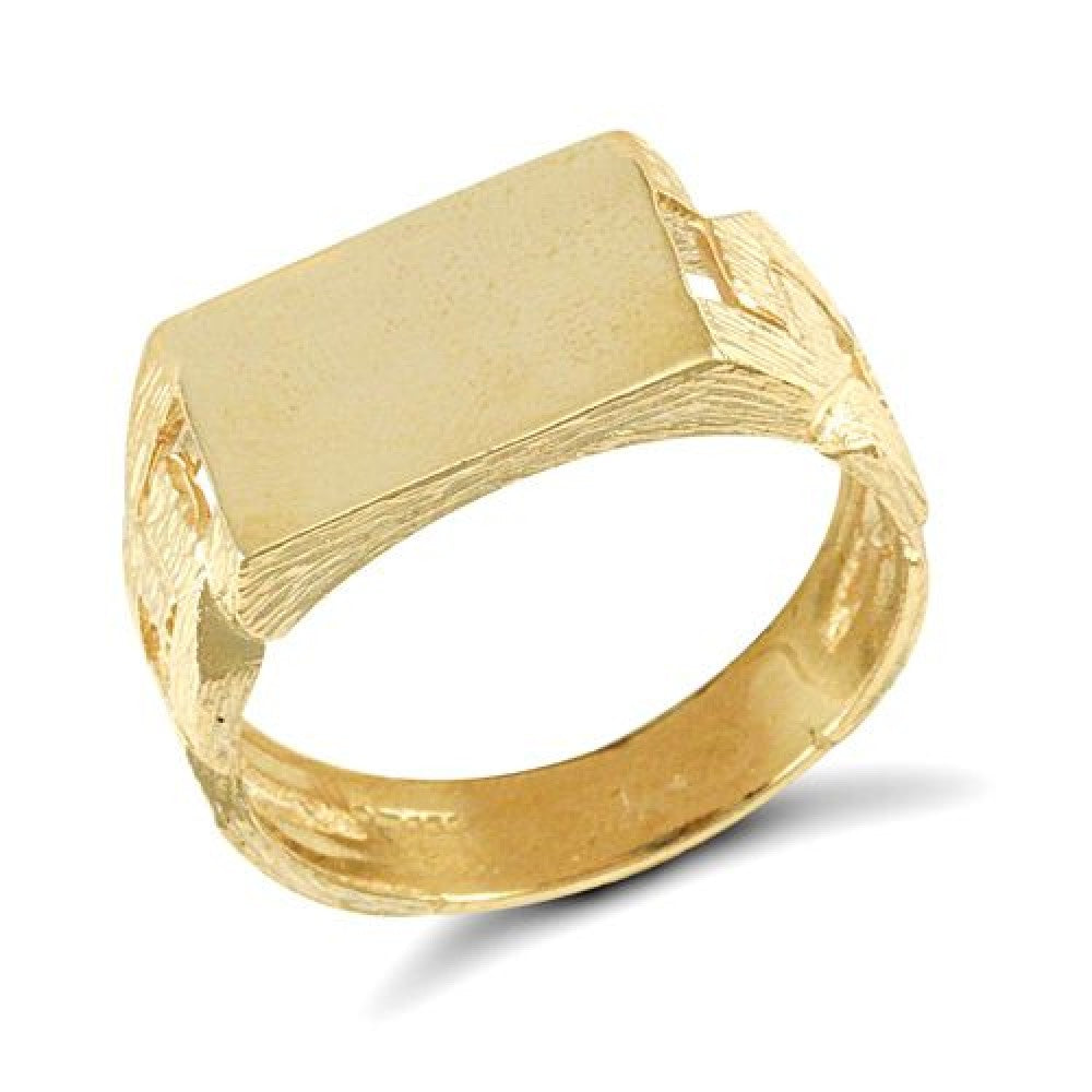 9ct yellow gold rectangular signet ring with barked curb link shoulders – Fogal & Barnes Fine Jewellers of Harrogate.