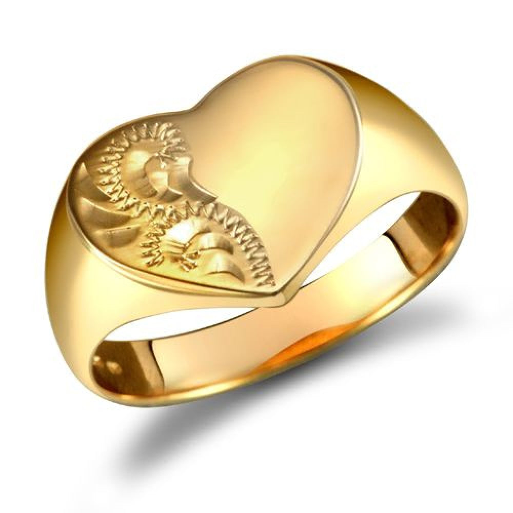 9ct yellow gold heart signet ring with half-engraved diamond-cut detailing by Fogal & Barnes Fine Jewellers of Harrogate.