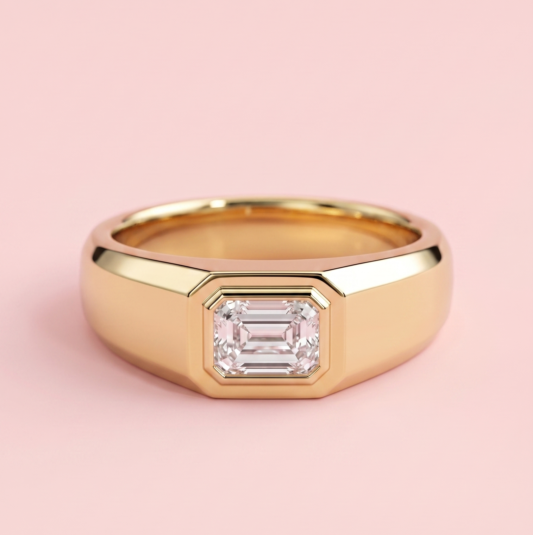 chunky emerald cut lab grown diamond engagement ring harrogate jewellers, bezel set diamond mens engagement ring, dua lipa inspired ring 