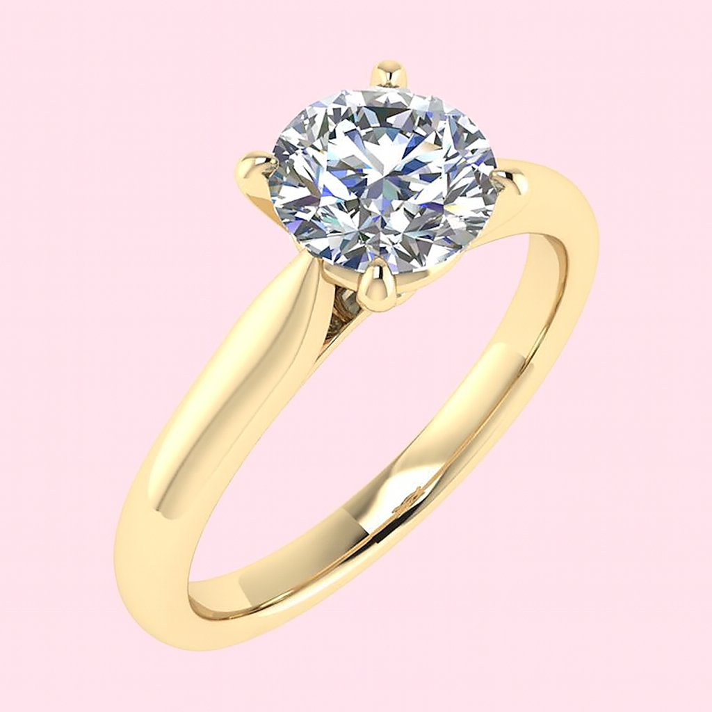 Gold ring with a large lab grown diamond on a pink background from fogal and barnes harrogate 