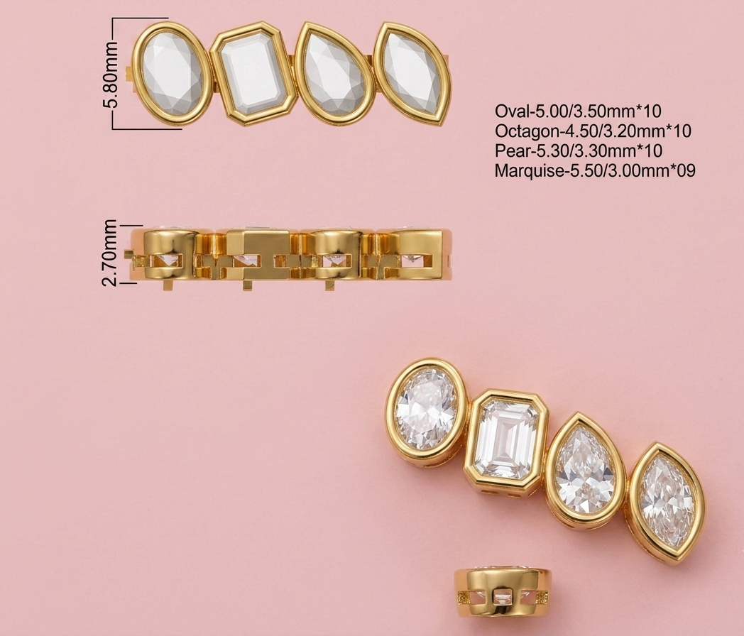 Lab grown multi-cut diamond tennis bracelet featuring 39 bezel set oval emerald pear and marquise diamonds totalling 8.50ct in yellow gold, shown on white background with CAD design detail