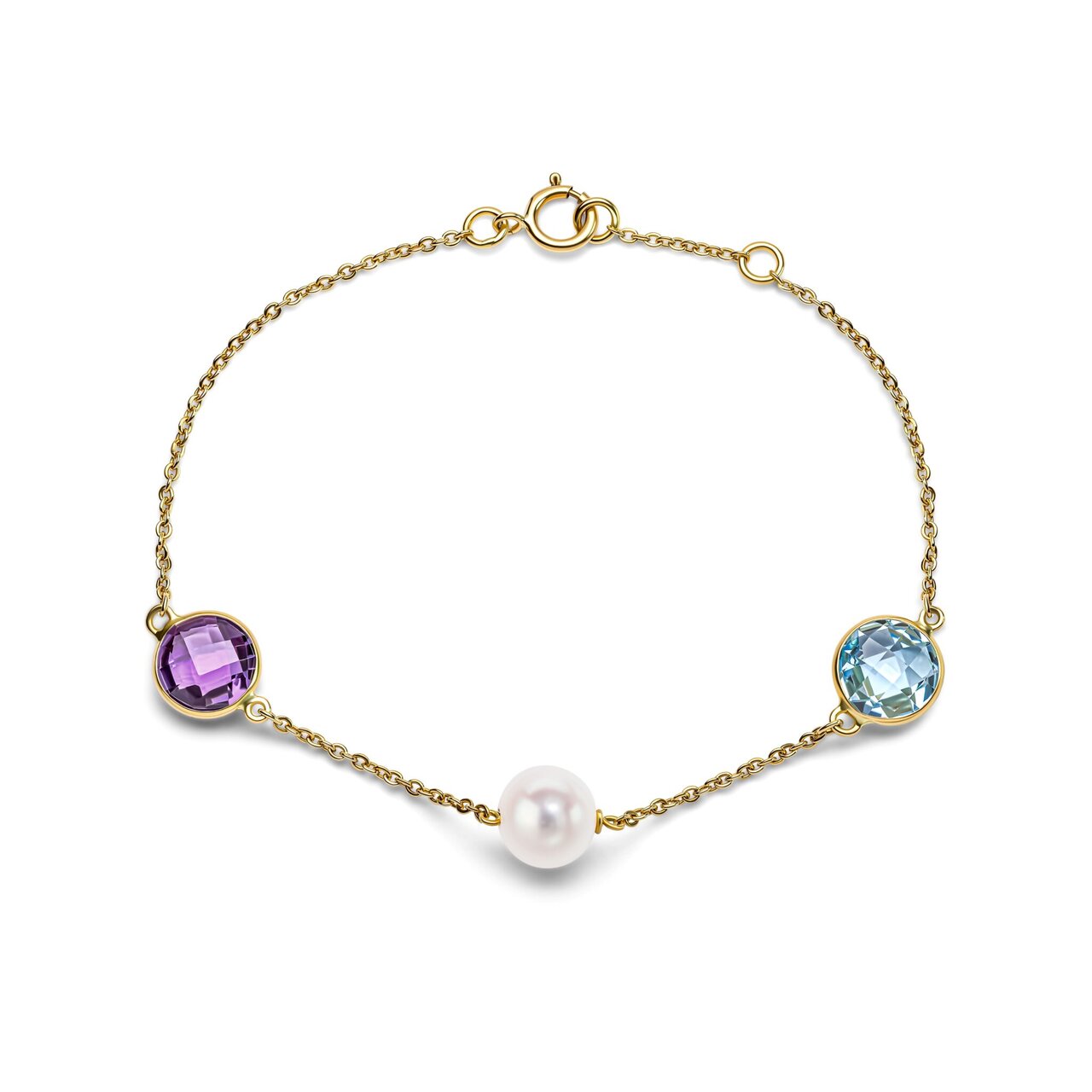 Freshwater pearl, amethyst and blue topaz bracelet in 18ct yellow gold, 8–8.5mm white pearl with bezel-set round amethyst and blue topaz on fine trace chain
