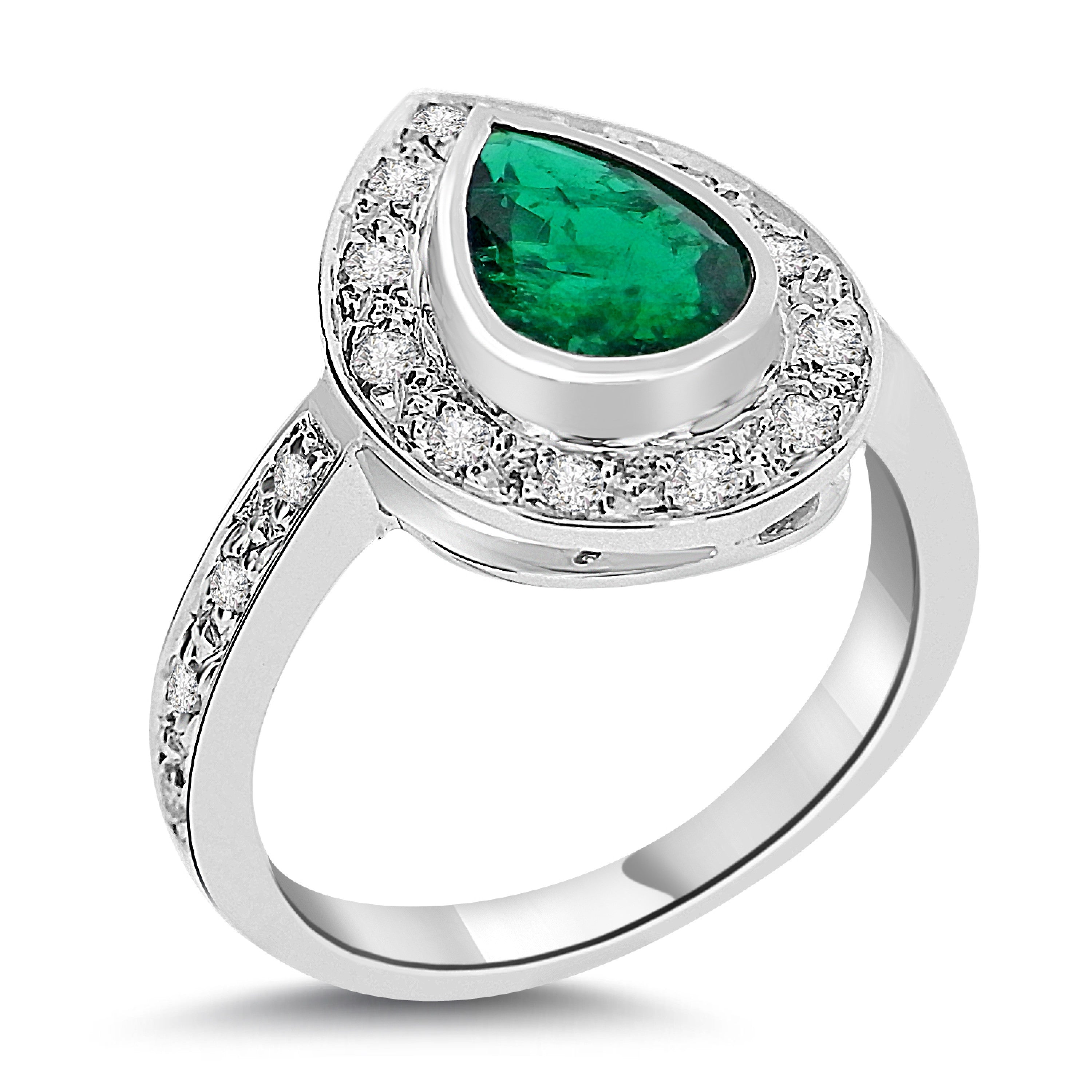 PEAR CUT EMERALD AND DIAMOND ENGAGEMENT RING