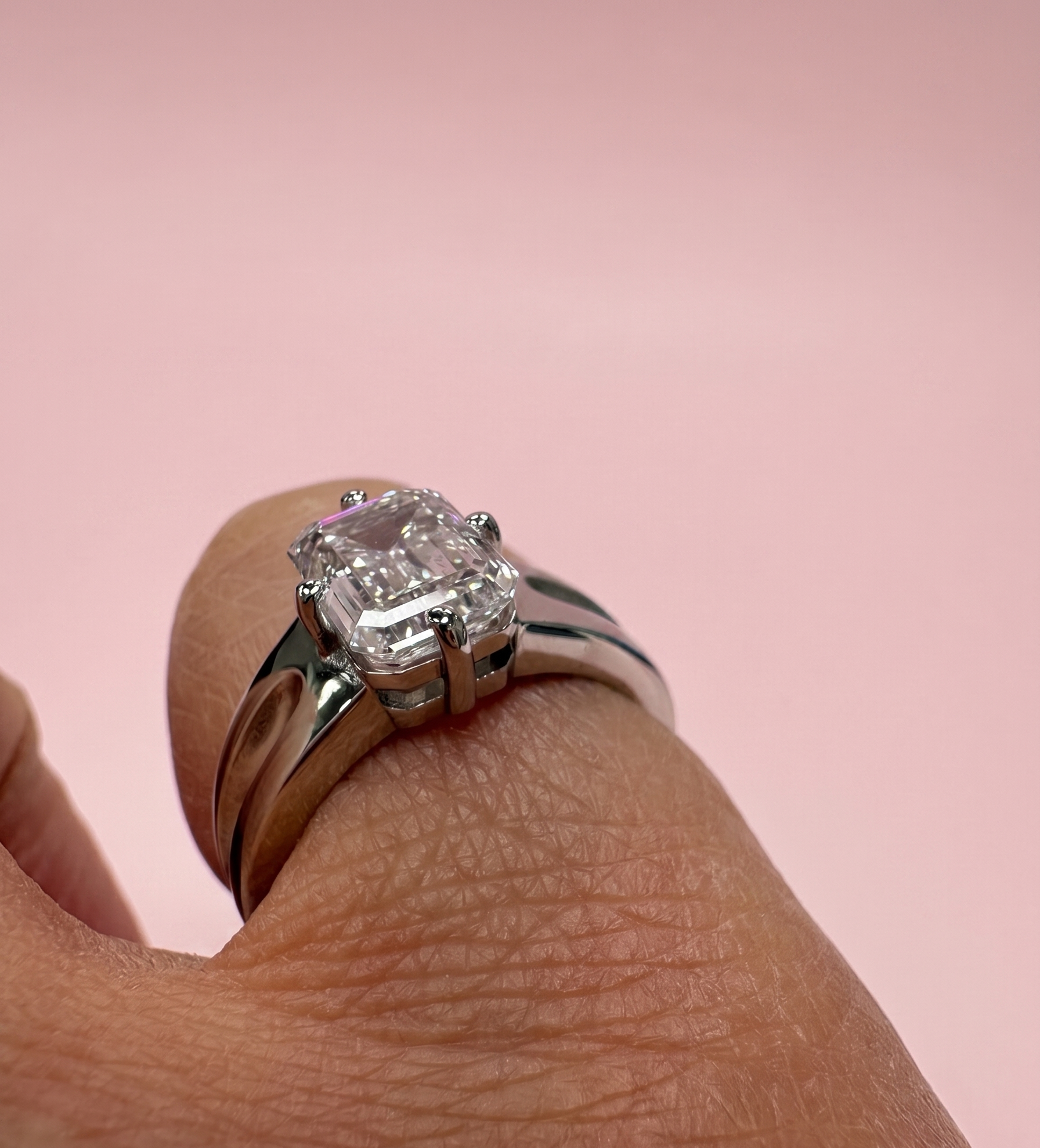 emerald cut engagement ring, emerald cut diamond solitaire, statement engagement ring, split shoulder engagement ring, lab grown diamond engagement ring UK, large emerald cut diamond ring, bespoke engagement ring Harrogate, platinum emerald cut ring, 18ct gold emerald cut ring, certified lab grown diamond, 2ct diamond ring, custom engagement ring Yorkshire, sculptural engagement ring, lab grown diamond ring near me, DVS emerald cut diamond