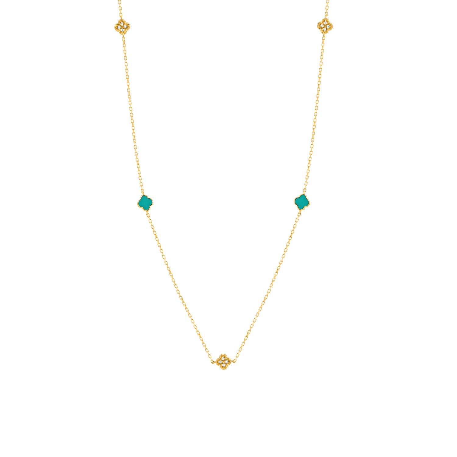 Yellow gold diamond clover and turquoise enamel station necklace featuring alternating milgrain diamond clover and turquoise enamel clover motifs on a fine chain, shown on white background