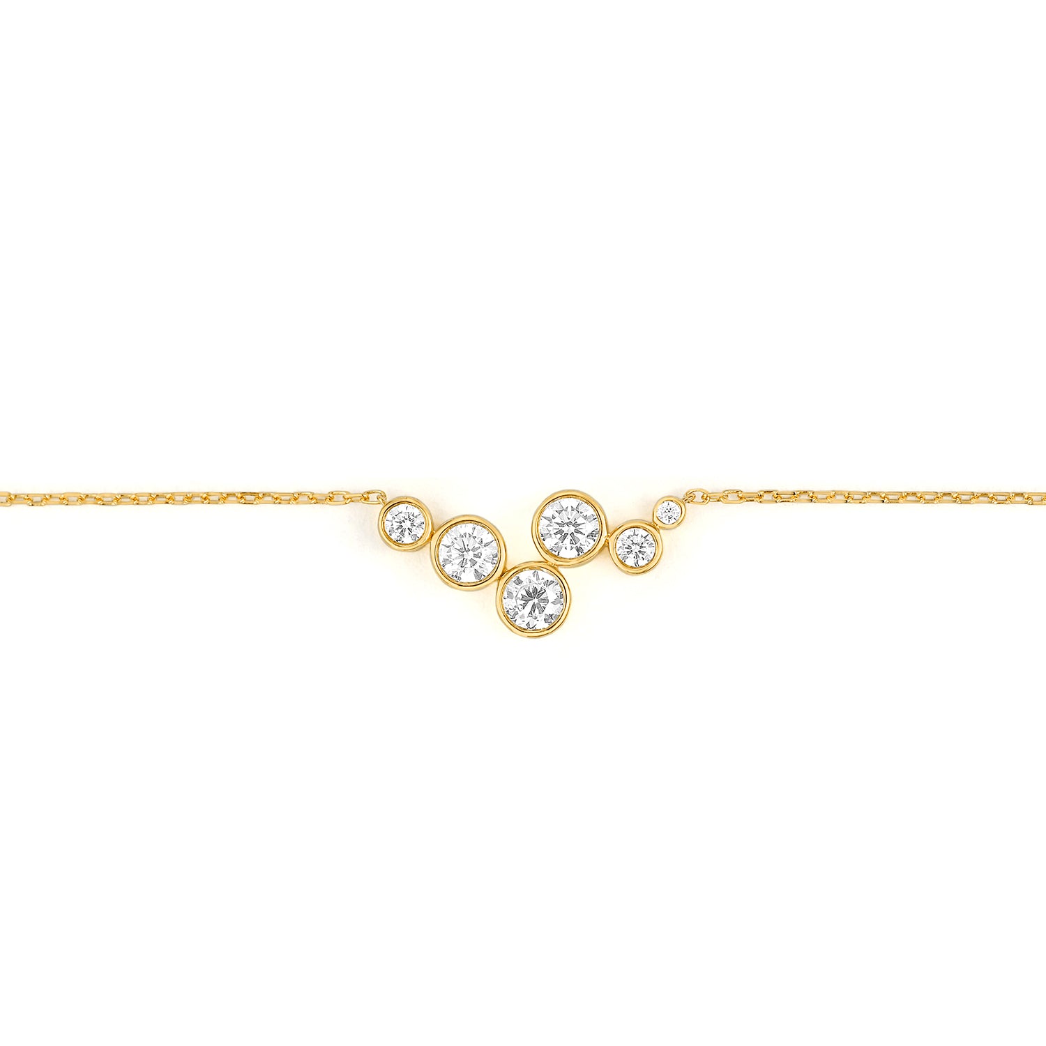 Yellow gold bezel set diamond bubble cluster necklace featuring six graduating round brilliant diamonds on a 42cm chain, close up