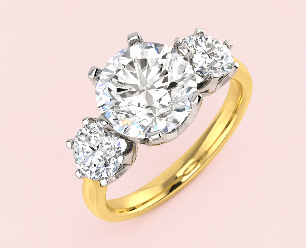 lab grown diamond engagement ring UK, old cut lab grown diamond, old mine cut engagement ring, vintage inspired engagement ring, three stone engagement ring, trilogy ring, lab grown three stone ring, two tone gold engagement ring, 2 carat lab grown diamond ring, ethical engagement ring, antique style engagement ring, bespoke engagement ring, Harrogate jewellers, jewellers Leeds, jewellers York
