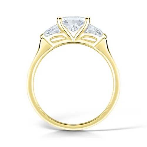 Oval diamond east- west three stone diamond engagement ring set on 18k yellow gold from fogal and barnes fine jewellers of Harrogate. 