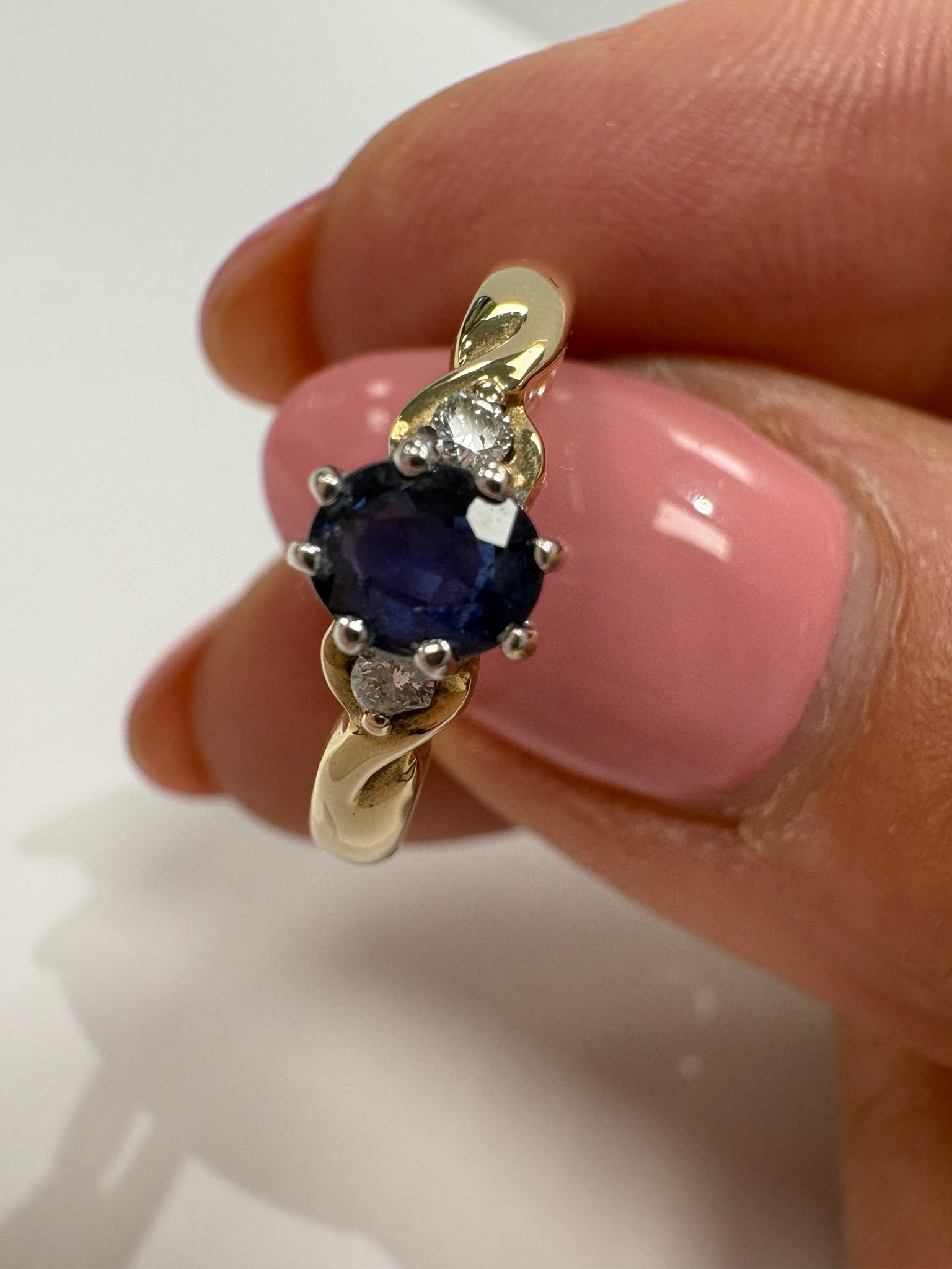 apphire and diamond ring, two tone sapphire ring, second hand sapphire ring UK, pre-loved sapphire ring, vintage sapphire ring, 9ct gold sapphire ring, sapphire three stone ring, blue sapphire ring second hand, second hand jewellery Harrogate, second hand jewellery Leeds, second hand jewellery York, second hand jewellery Yorkshire, pre-owned sapphire ring UK, antique style sapphire ring, September birthstone ring, buy second hand sapphire ring, sapphire ring size L half, sapphire ring near me, fine jeweller