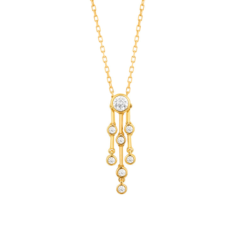 Yellow gold diamond raindance pendant necklace featuring a central bezel set diamond with three cascading gold bars tipped with round brilliant diamonds, on a 42cm chain, shown on white background