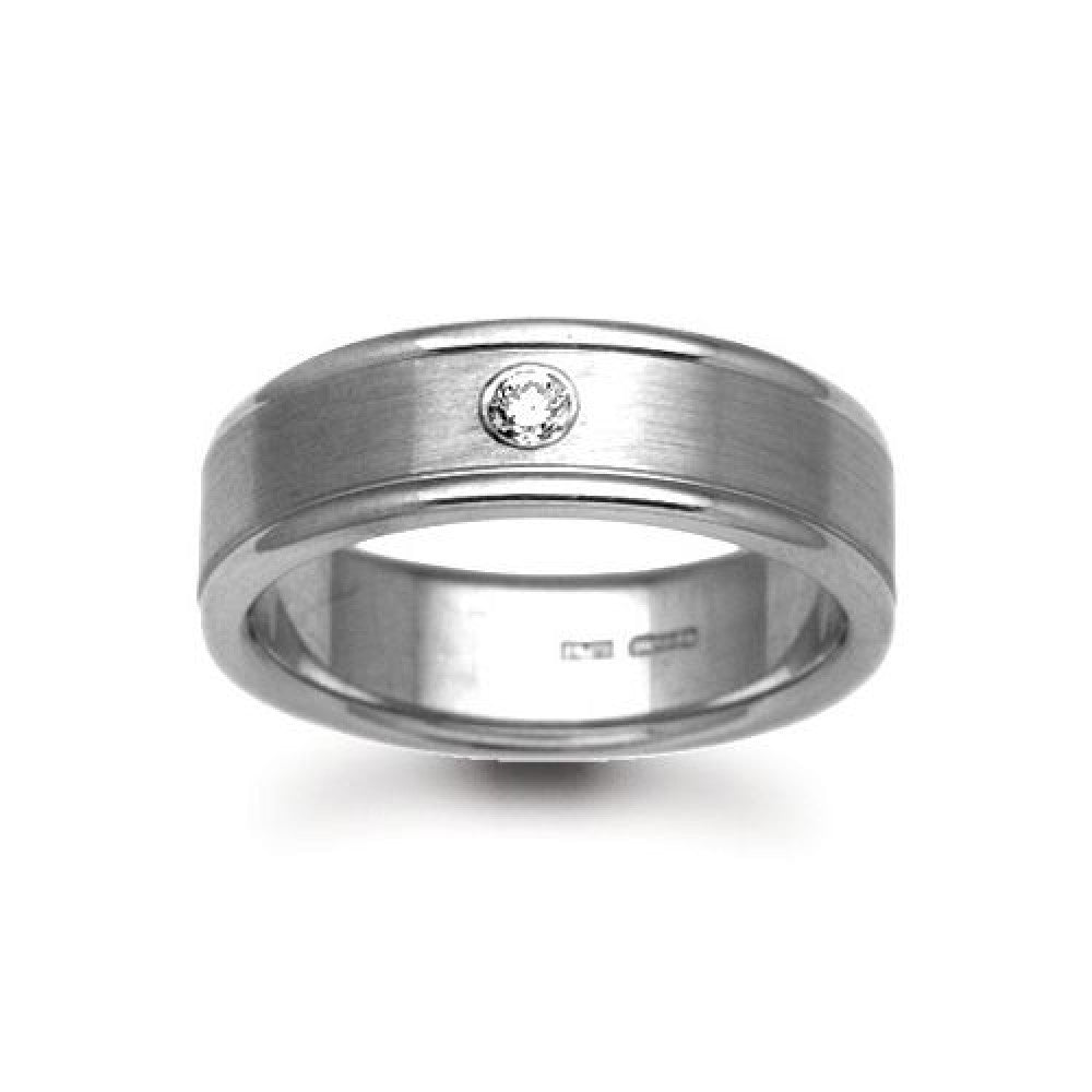 Platinum wedding ring with rubover-set natural diamond, brushed satin centre and polished edges, hand-made by Fogal & Barnes Harrogate