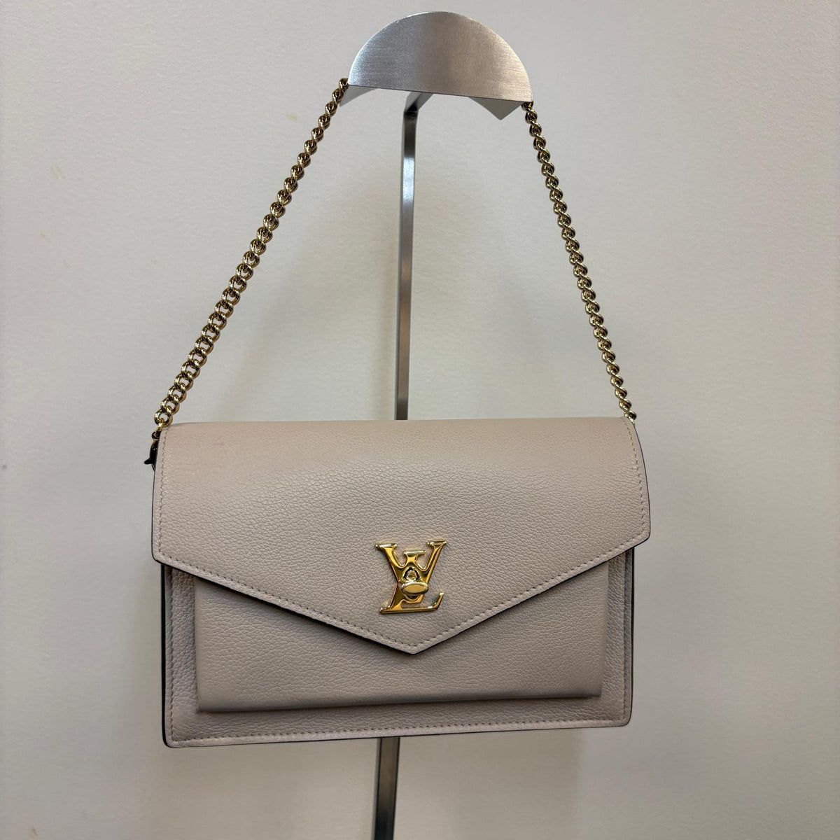 Pre-Loved Louis Vuitton Mylockme Chain Pochette, Greige Leather second hand handbags harrogate 