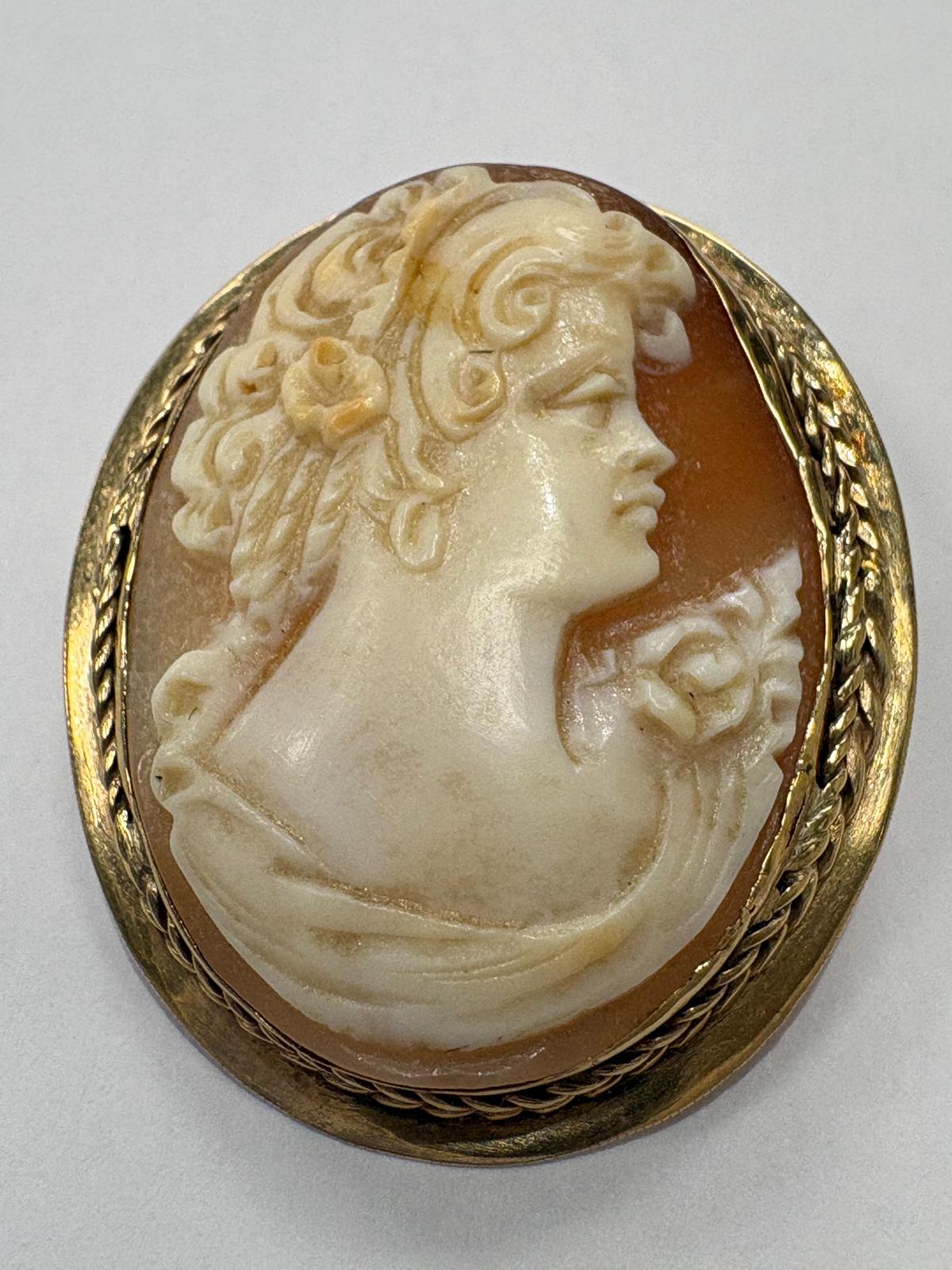 Victorian carved shell cameo brooch 9ct gold front detail — female profile portrait with floral hair detail and rope frame