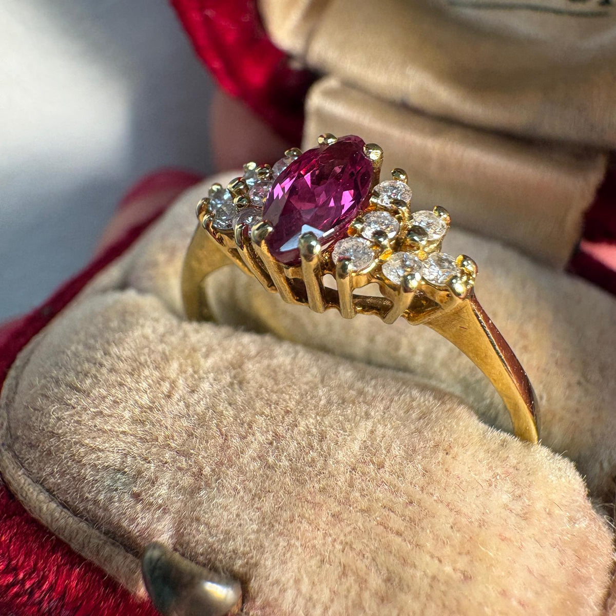 marquise ruby ring, ruby and diamond ring UK, 18ct gold ruby ring, marquise cluster ring, alternative engagement ring, ruby anniversary ring, July birthstone ring, pre-loved ruby ring