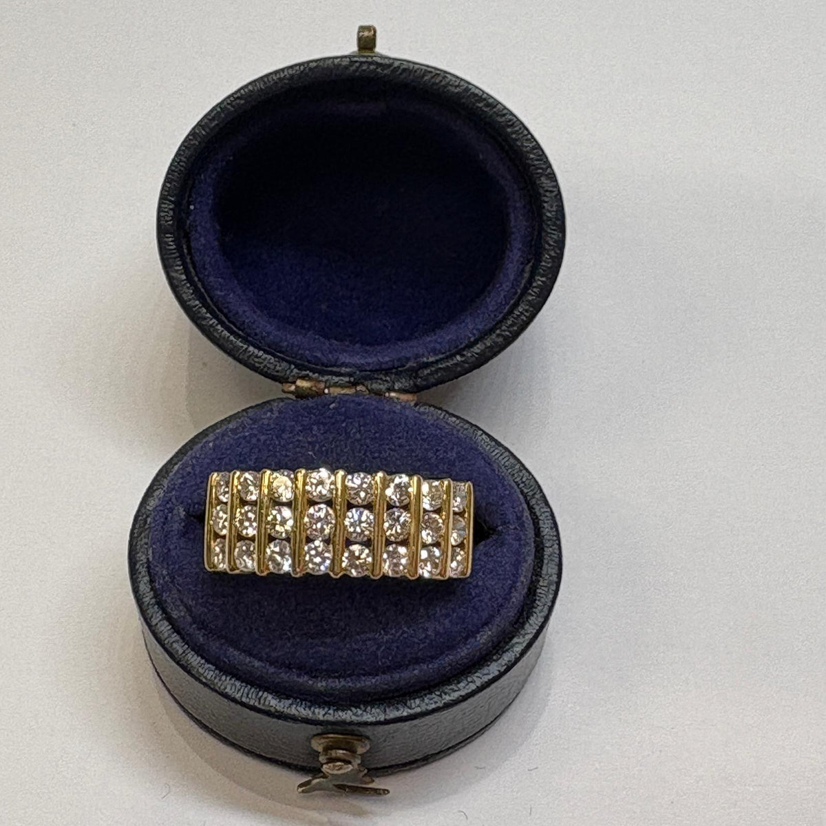 three row diamond ring, 18ct gold diamond band, 1.20ct diamond ring, multi row diamond ring UK, pre-loved diamond ring, anniversary diamond ring, wide diamond band ring, yellow gold diamond ring