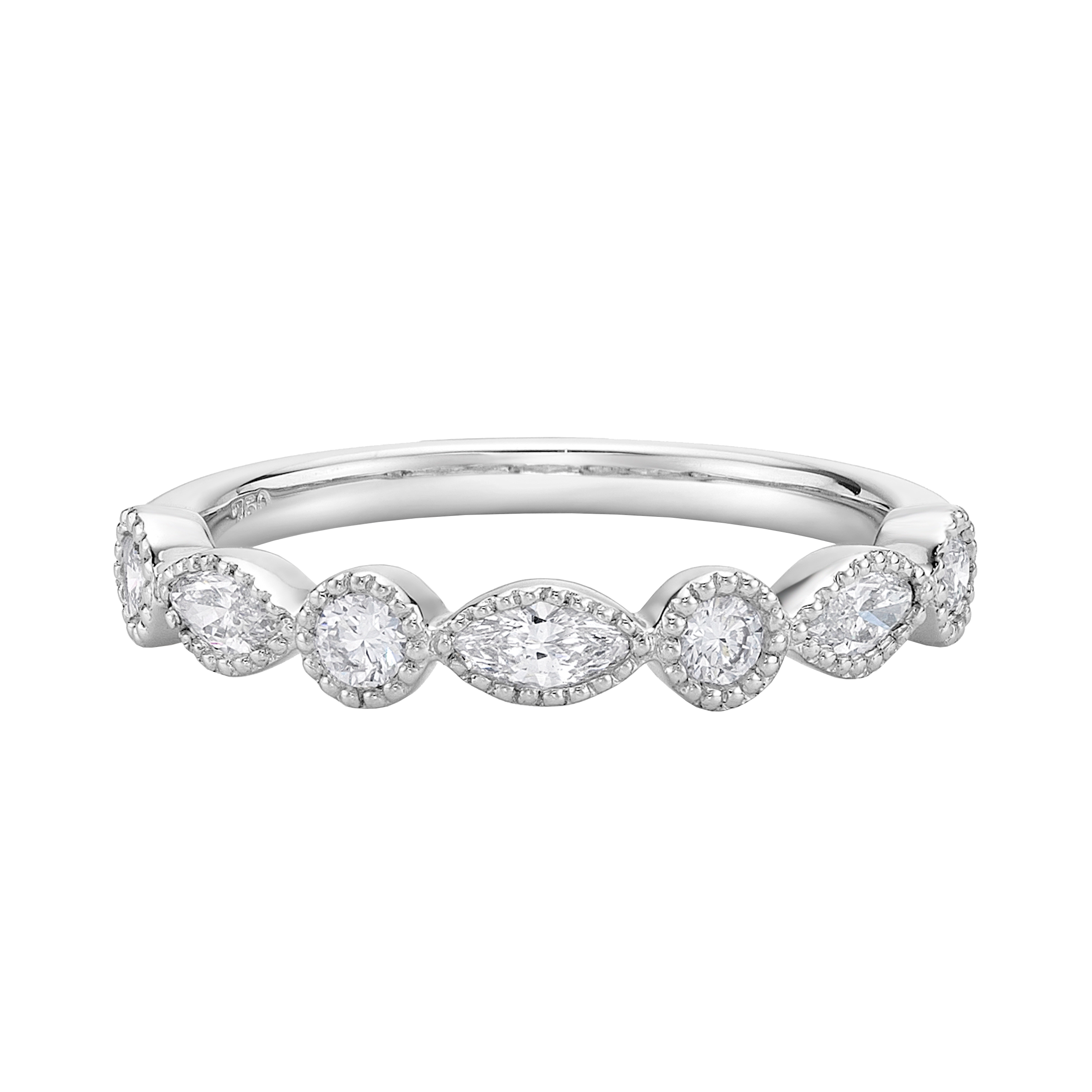 VINTAGE INSPIRED MIXED CUT DIAMOND WEDDING ETERNITY RING WITH MILLEGRAIN EDGE