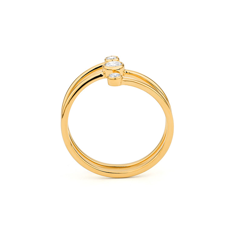 Yellow gold bezel set open wrap diamond ring with double band design featuring three graduating round brilliant diamonds