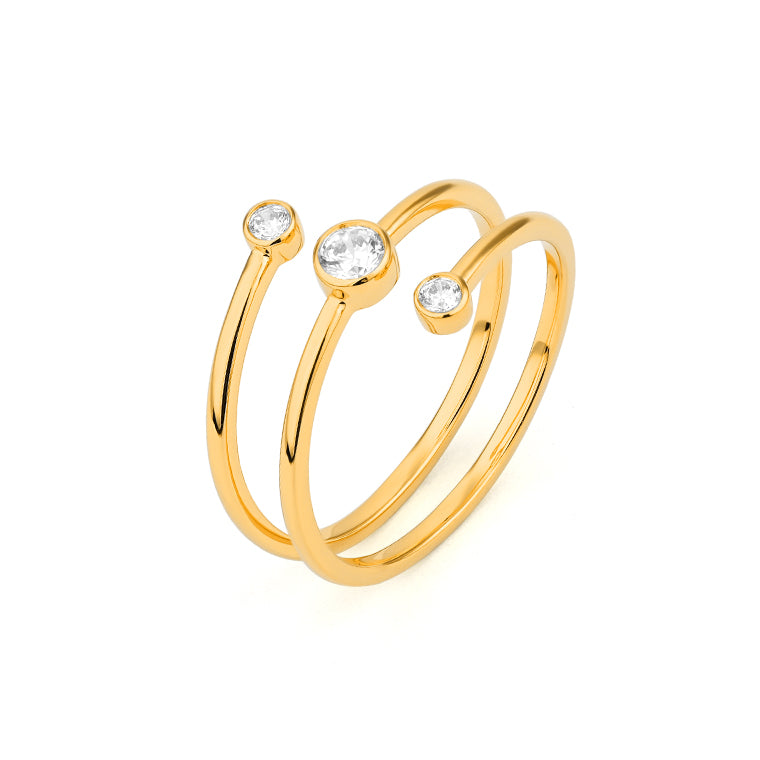 Yellow gold bezel set open wrap diamond ring with double band design featuring three graduating round brilliant diamonds, shown on white background