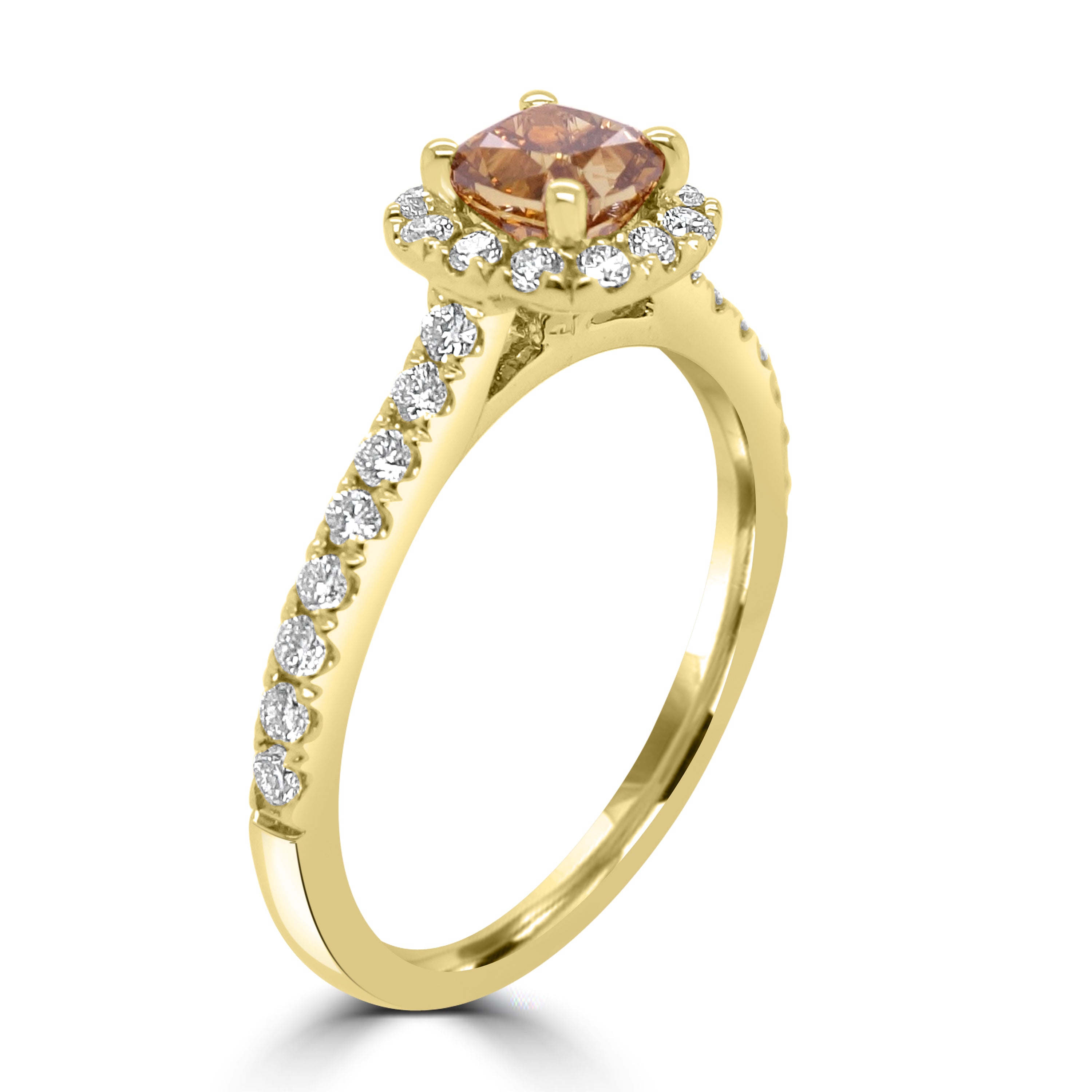 18ct yellow gold diamond halo ring with cushion centre stone