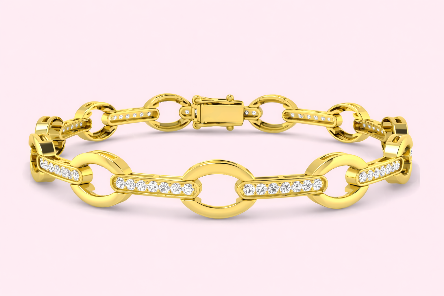 Lab-grown diamond link bracelet in yellow and white gold with pavé diamonds, bespoke jewellery by Fogal and Barnes Harrogate UK
