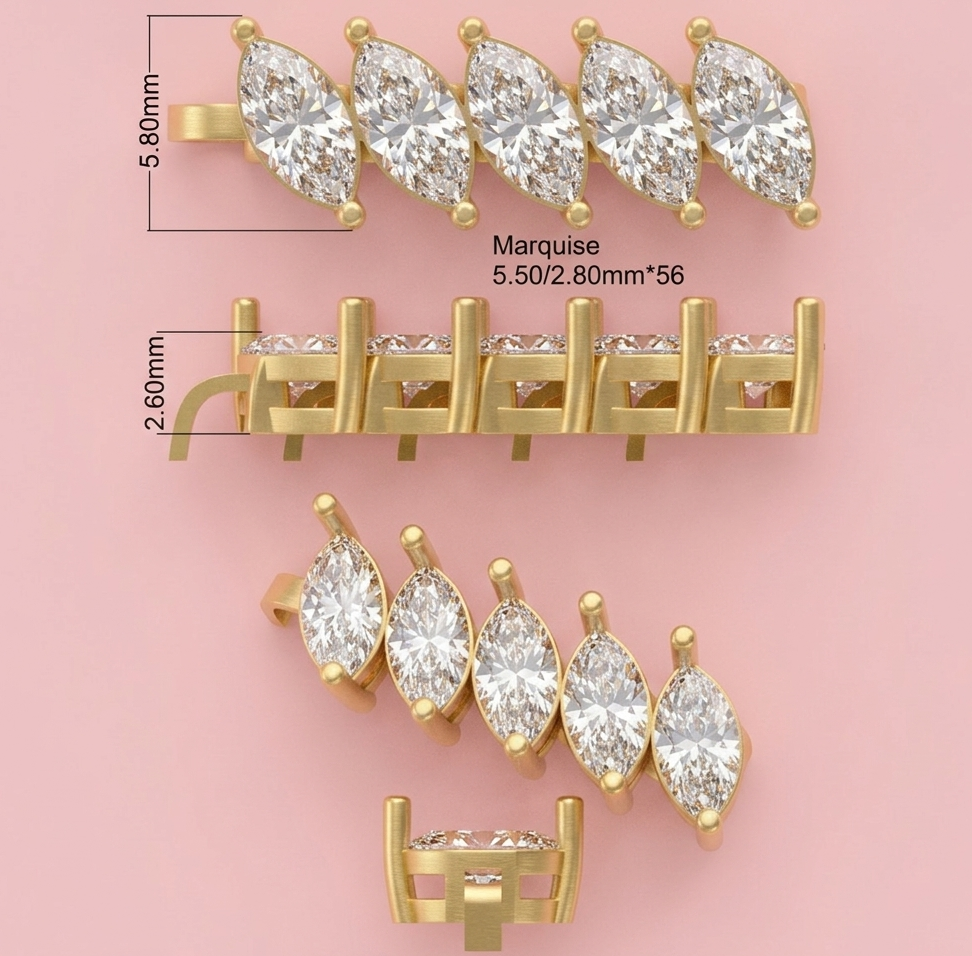 Lab grown marquise diamond tennis bracelet featuring 56 claw set marquise diamonds totalling 8.63ct, shown in white gold and yellow gold on a pink background
