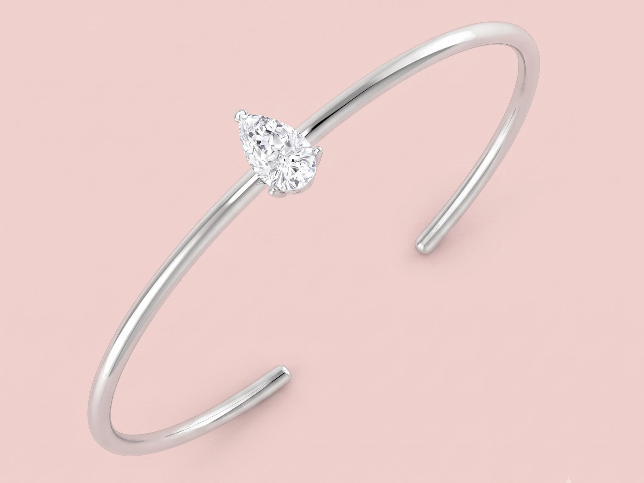white gold open bangle with lab grown diamond pear cut, harrogate jewellers trending bangles 