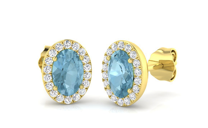 Oval aquamarine and diamond halo stud earrings in yellow and white gold, bespoke luxury jewellery by Fogal & Barnes Harrogate