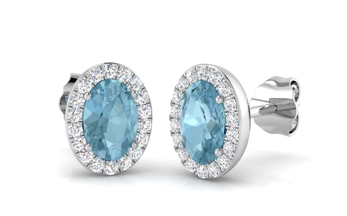 Oval aquamarine and diamond halo stud earrings in yellow and white gold, bespoke luxury jewellery by Fogal & Barnes Harrogate