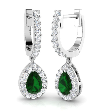Pear cut emerald and diamond halo drop earrings with diamond set hoops in white gold by Fogal and Barnes Harrogate