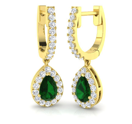 Pear cut emerald and diamond halo drop earrings with diamond set hoops in white gold by Fogal and Barnes York