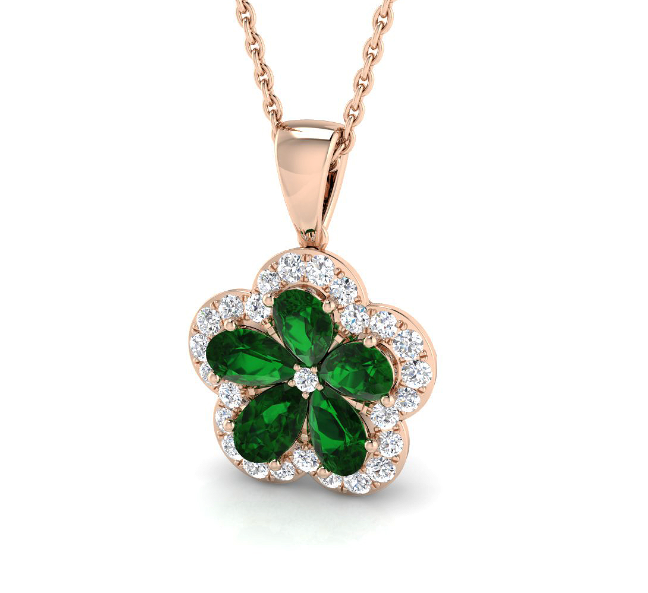 DIAMOND AND EMERALD CLOVER GOLD PENDANT NECKLACE