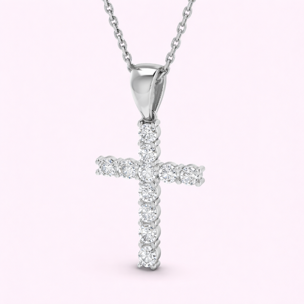 Lab-grown diamond cross pendant in yellow gold with brilliant-cut diamonds on fine chain, bespoke jewellery by Fogal & Barnes Harrogate