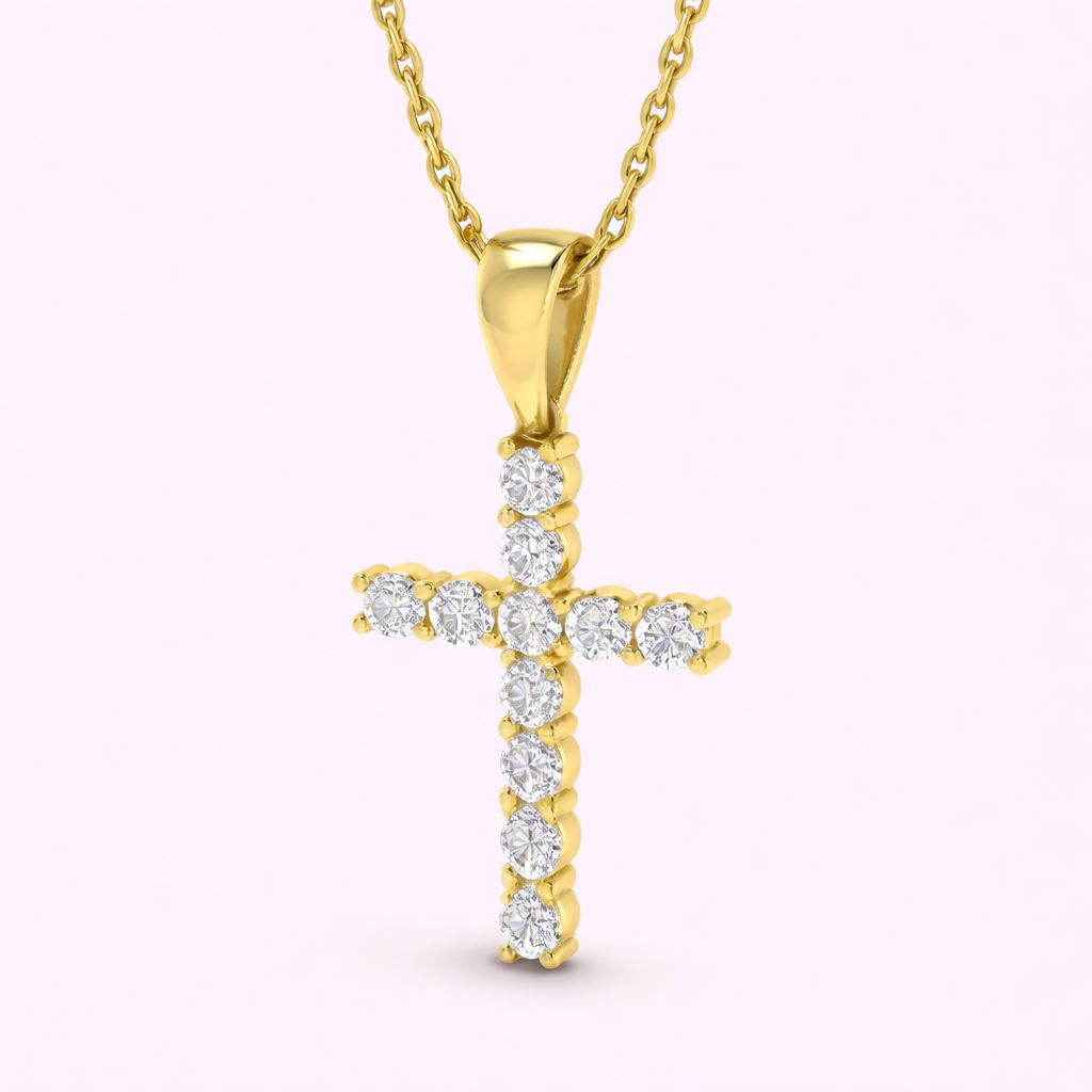 Lab-grown diamond cross pendant in yellow gold with brilliant-cut diamonds on fine chain, bespoke jewellery by Fogal & Barnes Harrogate
