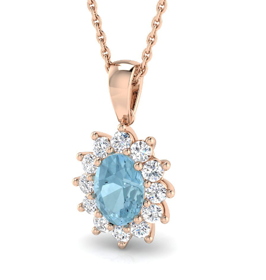 OVAL AQUAMARINE AND DIAMOND CLUSTER PENDANT NECKLACE