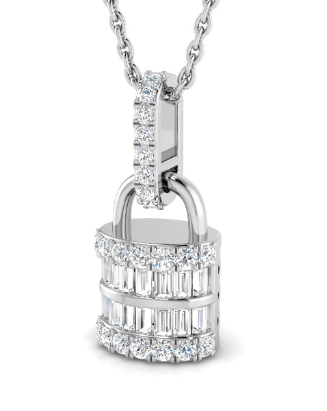 GOLD PADLOCK BAGUETTE DIAMOND PENDANT NECKLACE