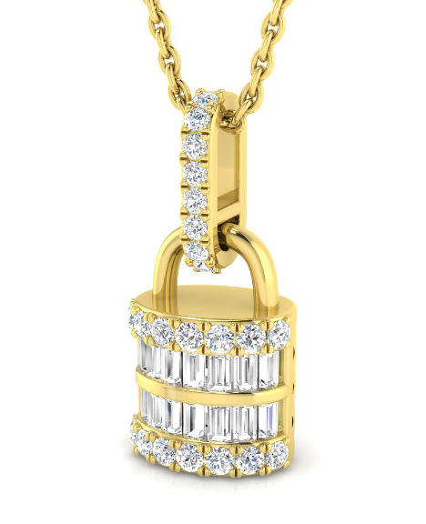 GOLD PADLOCK BAGUETTE DIAMOND PENDANT NECKLACE