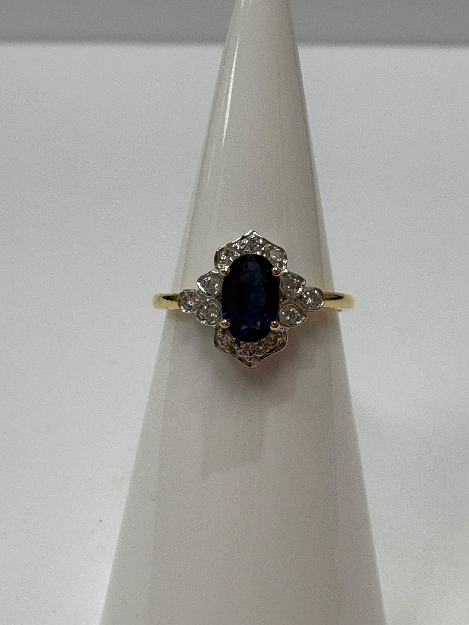 18k yellow gold oval sapphire and diamond vintage halo second hand natural engagement ring Harrogate jewellers York 