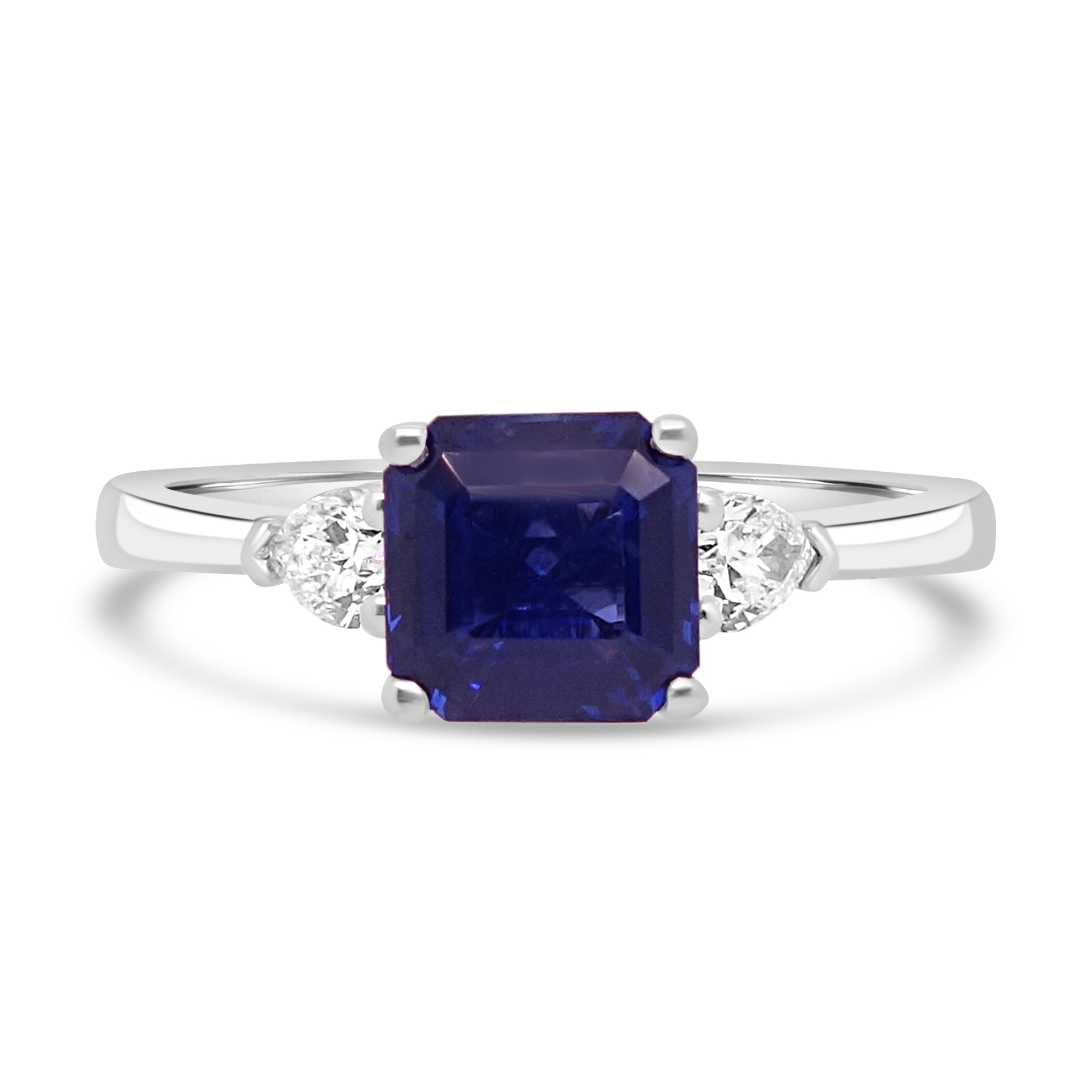 Blue Sapphire Platinum Trilogy Engagement Ring Fogal and Barnes Harrogate 