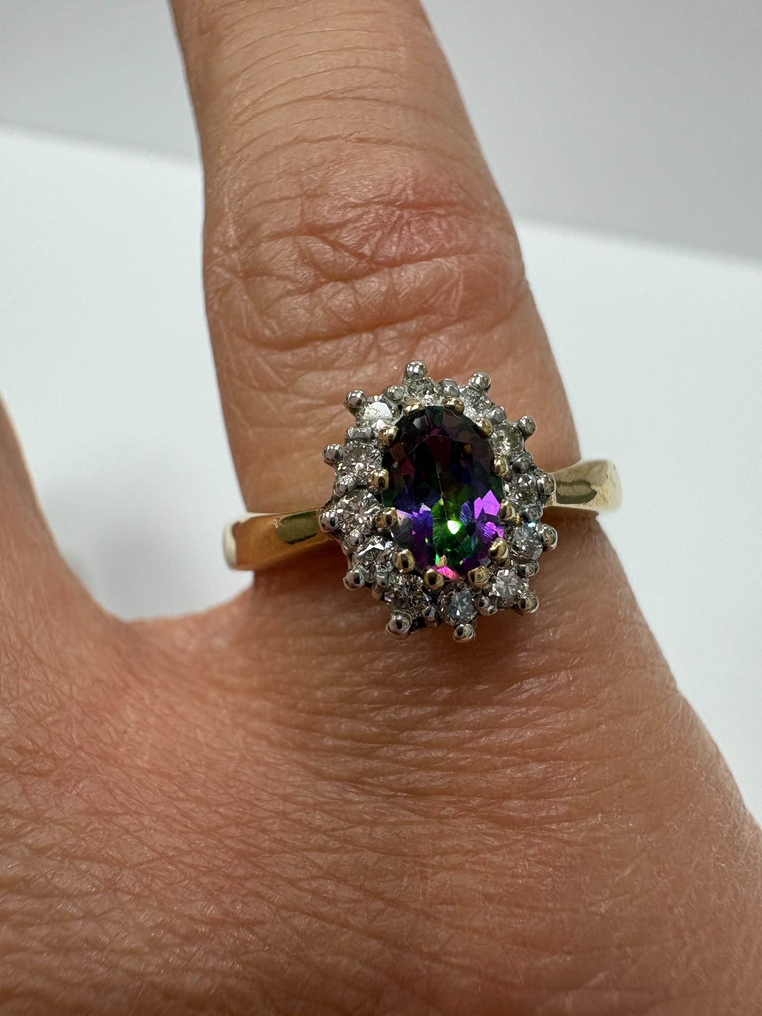 mystic topaz ring, mystic topaz and diamond ring, second hand mystic topaz ring UK, pre-loved topaz ring, vintage mystic topaz ring, 9ct gold topaz cluster ring, rainbow topaz ring, diamond cluster ring second hand, second hand jewellery Harrogate, second hand jewellery Leeds, second hand jewellery York, second hand jewellery Yorkshire, pre-owned gemstone ring UK, antique style topaz ring, colourful gemstone ring, buy second hand mystic topaz ring, mystic topaz ring size N, mystic topaz ring near me, fine j