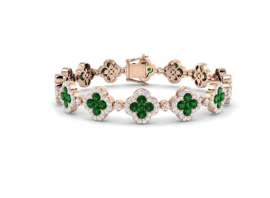 ELEGANT EMERALD AND DIAMOND CLOVER DESIGN  BRACELET