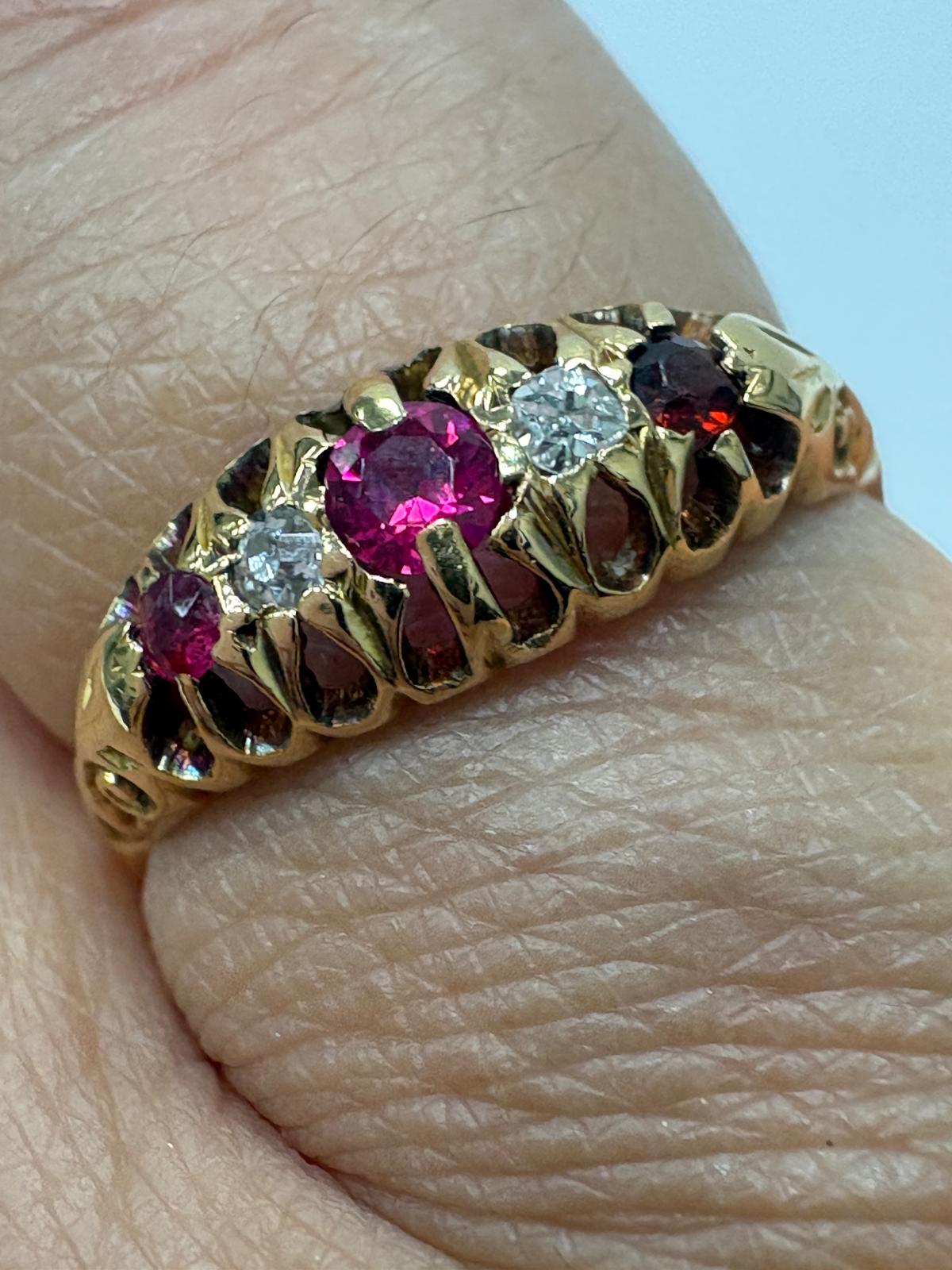 Edwardian ruby diamond ring, antique 18ct gold ring Birmingham hallmark, vintage five stone ring 1911, pre-loved antique engagement ring Harrogate, genuine Edwardian jewellery Yorkshire