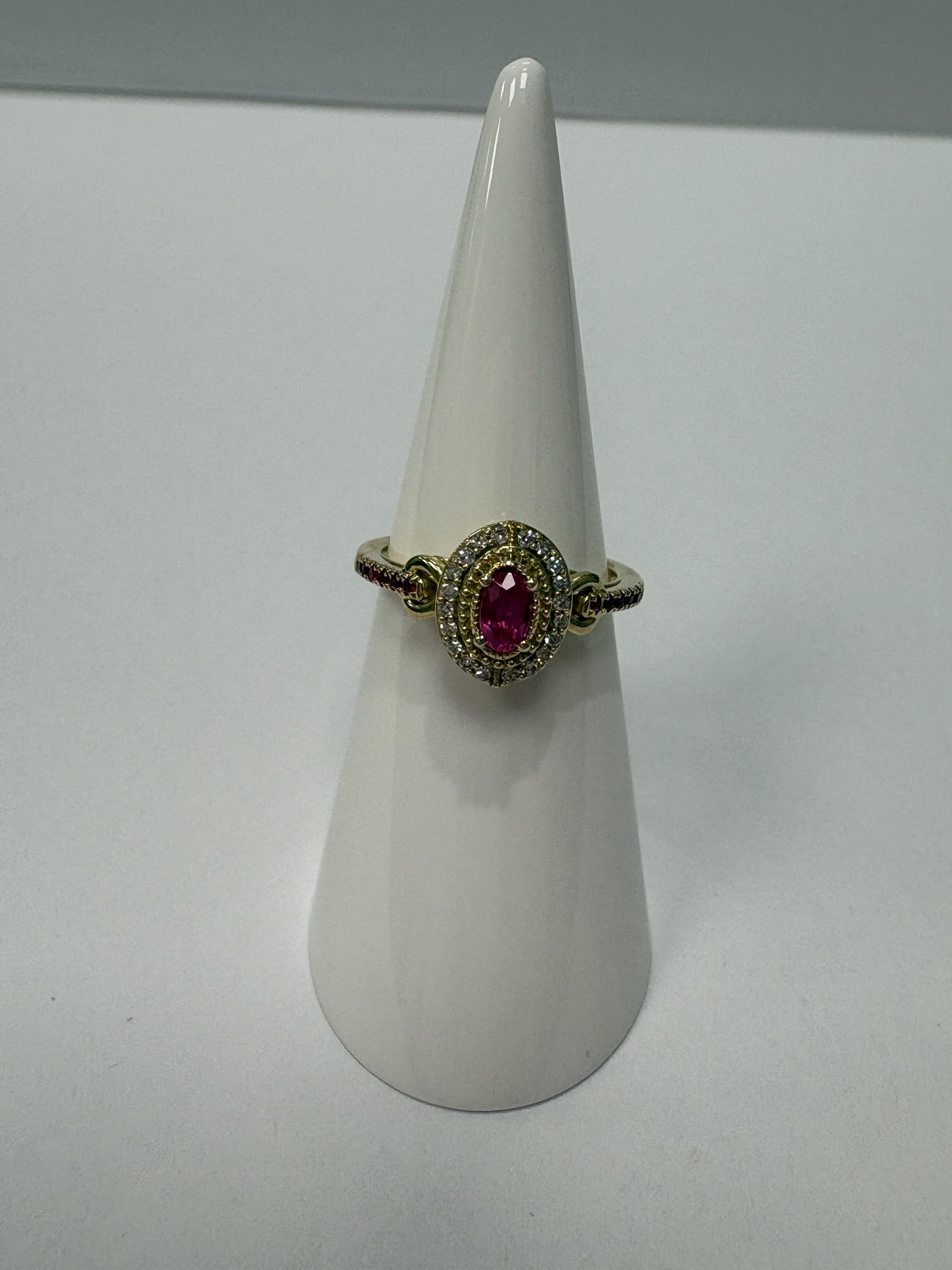 ruby and diamond halo ring, double halo ruby ring, second hand ruby ring UK, vintage ruby ring, pre-loved gold ring Harrogate, antique style ruby ring Yorkshire, 9ct gold ruby ring size N, second hand jewellery Leeds, ruby diamond cluster ring, buy pre-owned ruby ring UK, ruby ring near me, second hand fine jewellery Yorkshire, oval ruby ring vintage style, ruby halo engagement ring second hand