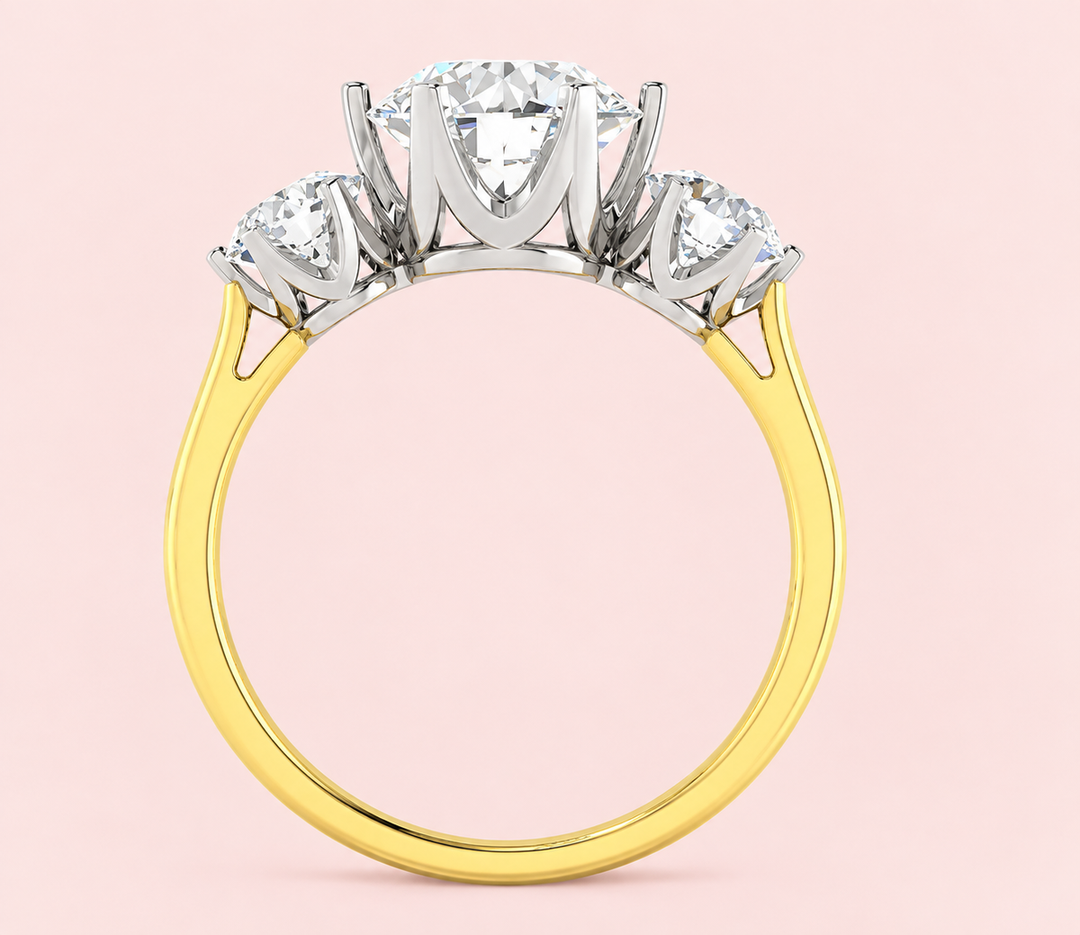 lab grown diamond engagement ring UK, old cut lab grown diamond, old mine cut engagement ring, vintage inspired engagement ring, three stone engagement ring, trilogy ring, lab grown three stone ring, two tone gold engagement ring, 2 carat lab grown diamond ring, ethical engagement ring, antique style engagement ring, bespoke engagement ring, Harrogate jewellers, jewellers Leeds, jewellers York