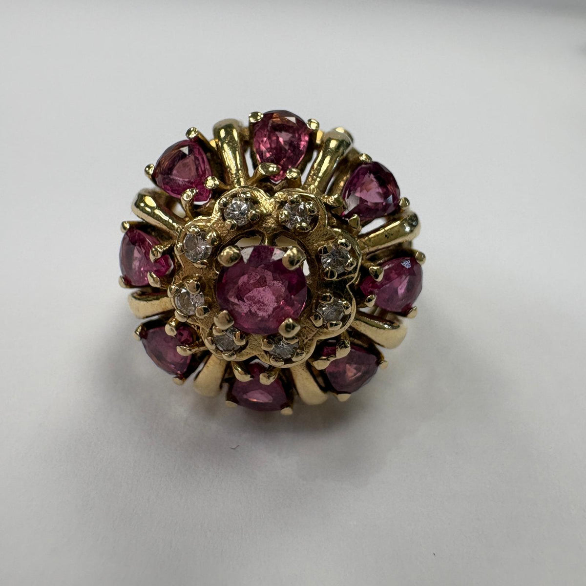 vintage sapphire cluster ring, 1960s cocktail ring, purple sapphire ring UK, natural sapphire and diamond ring, dome cluster ring, bombe ring, certified sapphire ring, vintage cocktail ring UK