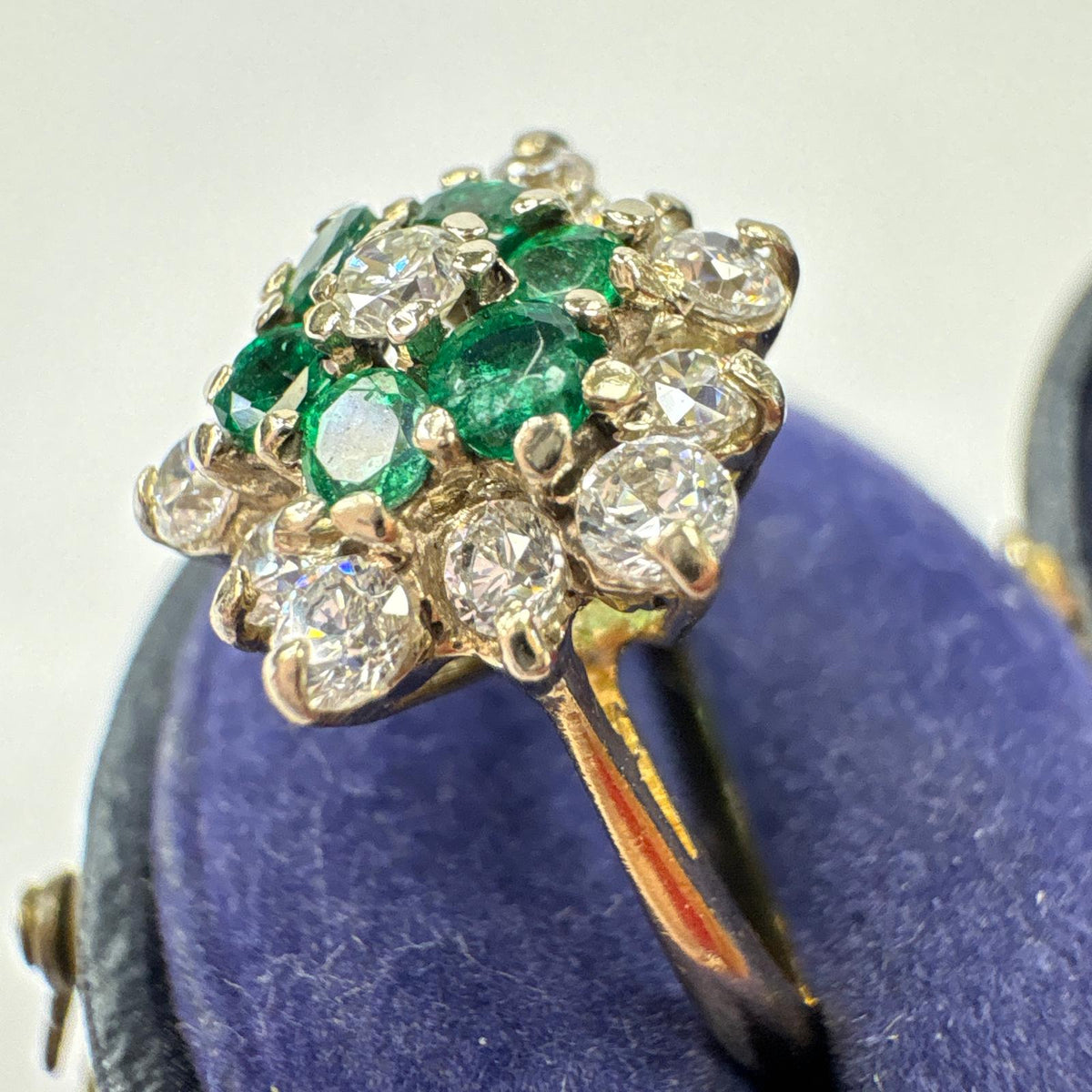 emerald and diamond ring, emerald cluster ring UK, 18ct gold emerald ring, flower cluster ring, May birthstone ring, alternative engagement ring, pre-loved emerald ring, second hand cluster ring