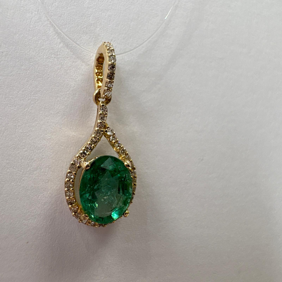 emerald pendant UK, emerald and diamond pendant, certified emerald pendant, 14ct gold emerald necklace, emerald halo pendant, May birthstone pendant, natural emerald pendant, pre-loved emerald pendant