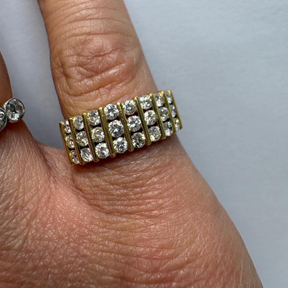 three row diamond ring, 18ct gold diamond band, 1.20ct diamond ring, multi row diamond ring UK, pre-loved diamond ring, anniversary diamond ring, wide diamond band ring, yellow gold diamond ring