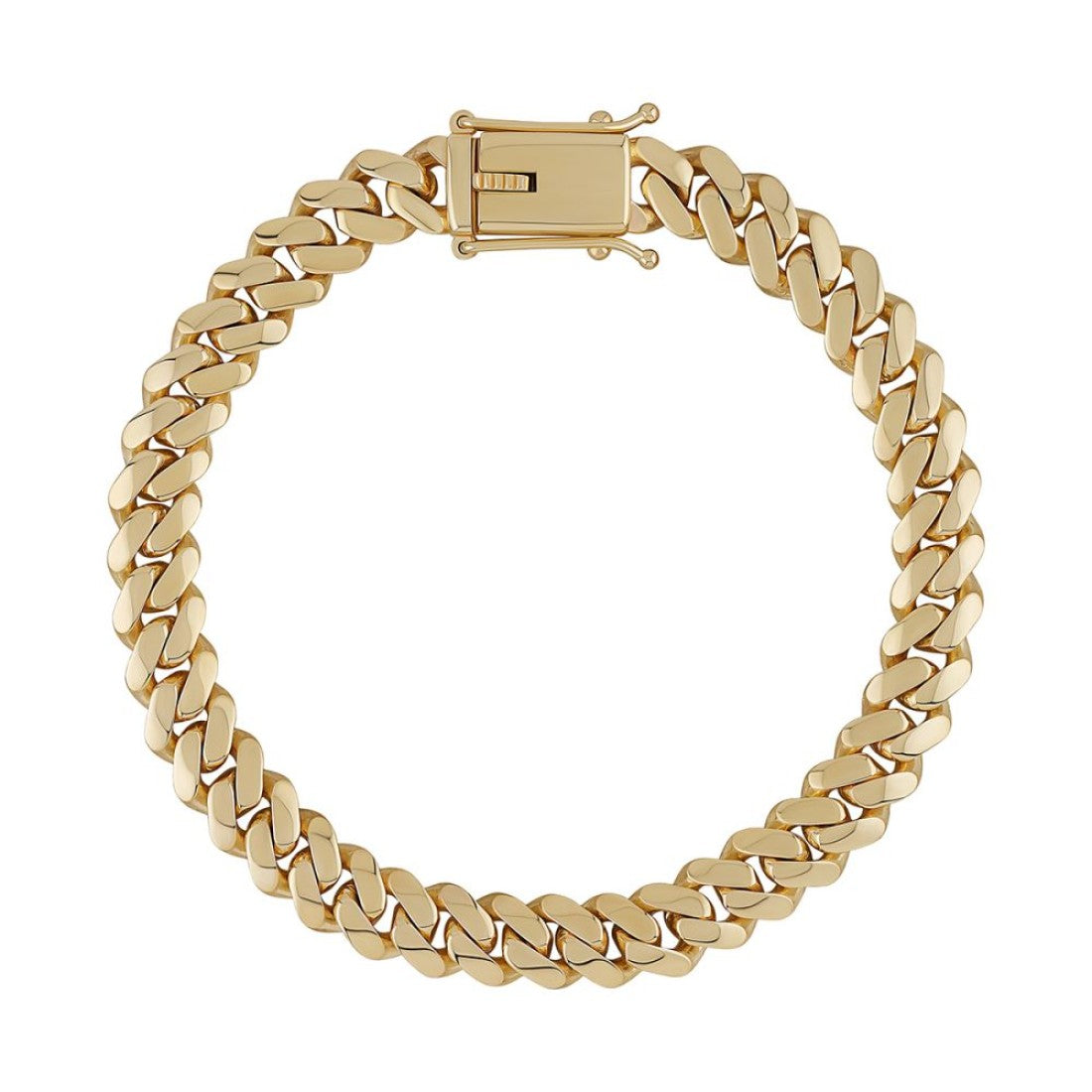 Solid 9ct yellow gold Cuban link bracelet with box clasp shown on white background, available in 7mm and 8.5mm widths