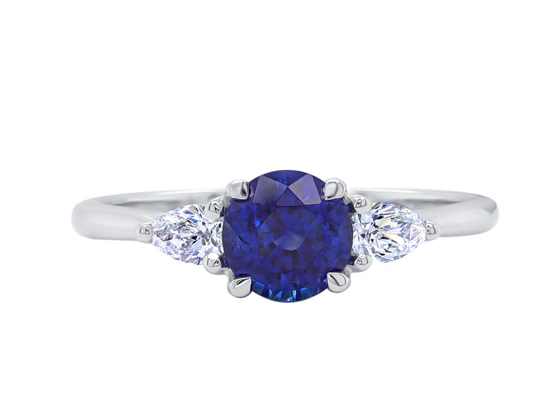 Round Sapphire and Pear Diamond Trilogy engagement ring Platinum Harrogate Jewellers Fogal and Barnes